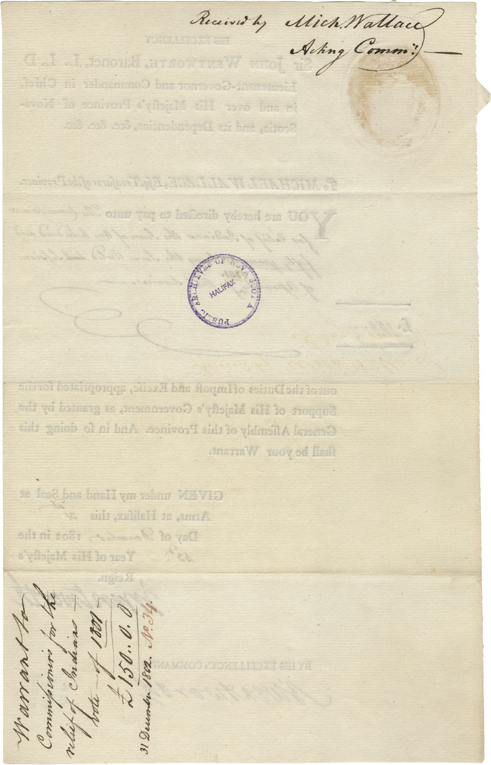 Sir John Wentworth's order to Michael Wallace to pay the Commissioners appointed for the relief of the Mi'kmaq. 