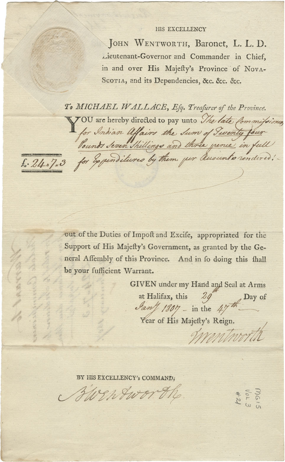 Sir John Wentworth's order to Michael Wallace, Treasurer, to pay £24-7-3 to late Commissioners for Indian Affairs.