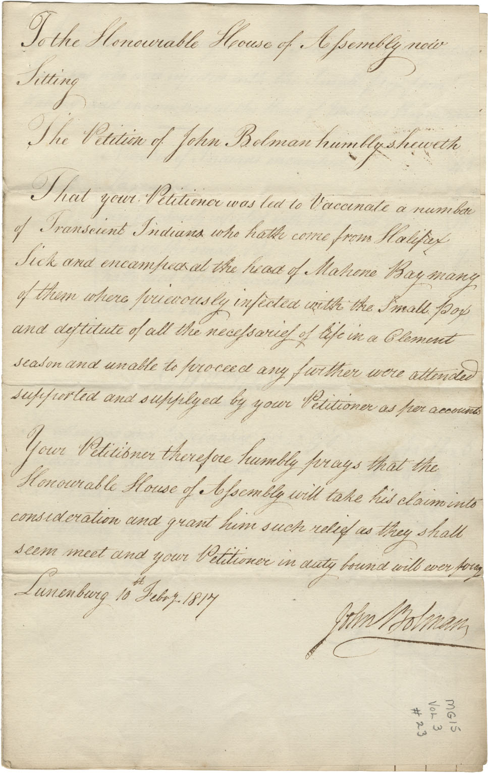 Petition of John Bolman to House of Assembly requesting reimbursement for funds expended on Mi'kmaq at Head of Mahone Bay, for vaccinations against small pox with accompanying bills. 