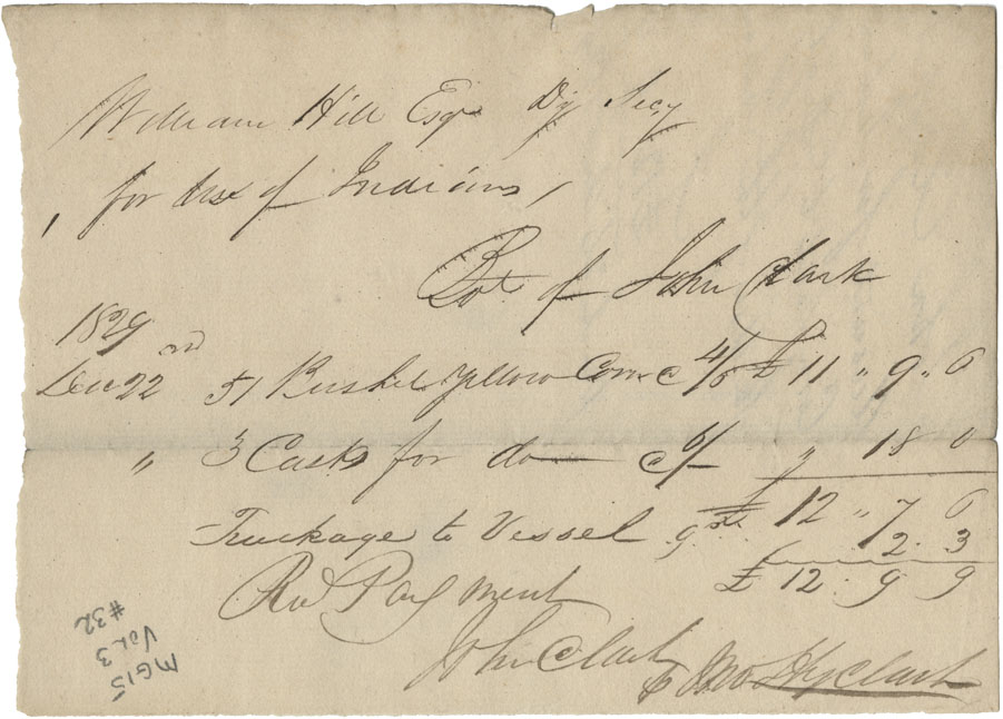John Clark's account for Indian corn sent to Digby for use of the Mi'kmaq. 