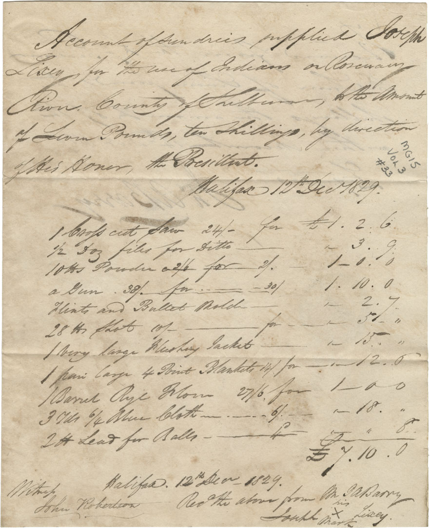Account of articles purchased for Mi'kmaq at Rosemary River, Shelburne, £7-10-0.