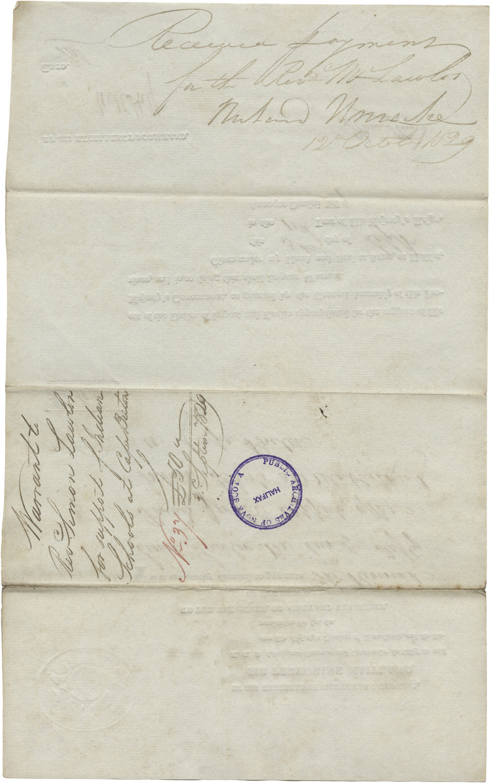 Sir Peregrine Maitland's order to the Provincial Treasurer, to pay the Rev. Simon Lawler £50-0-0 for the support of the 'Indian Schools' and establishments in Cape Breton. 