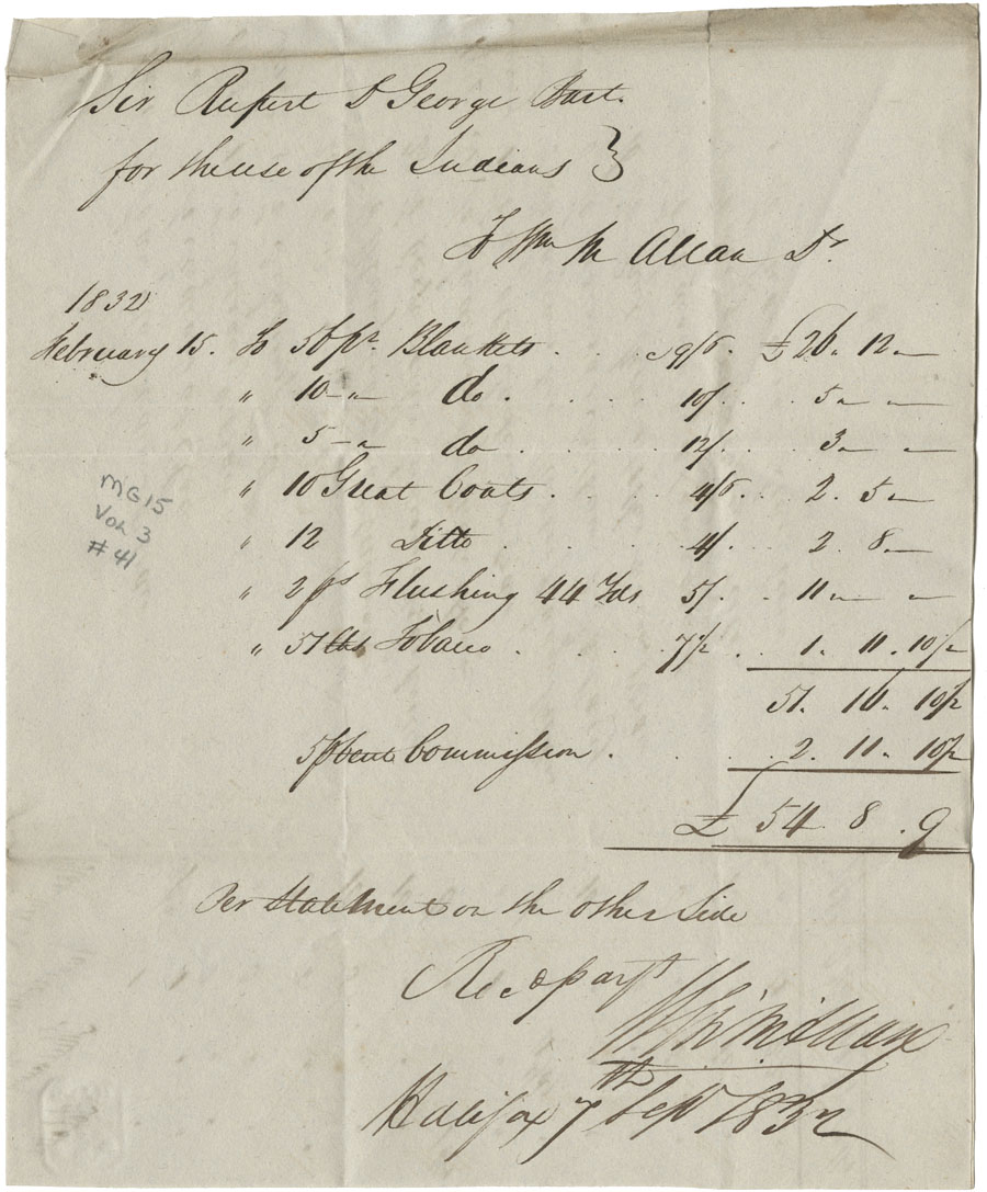 Bills and receipts from W. Allen, 1830-1832, for relief of Mi'kmaq at Cornwallis, Sackville, Nine Mile River, Shelburne, Preston and Bear River. 
