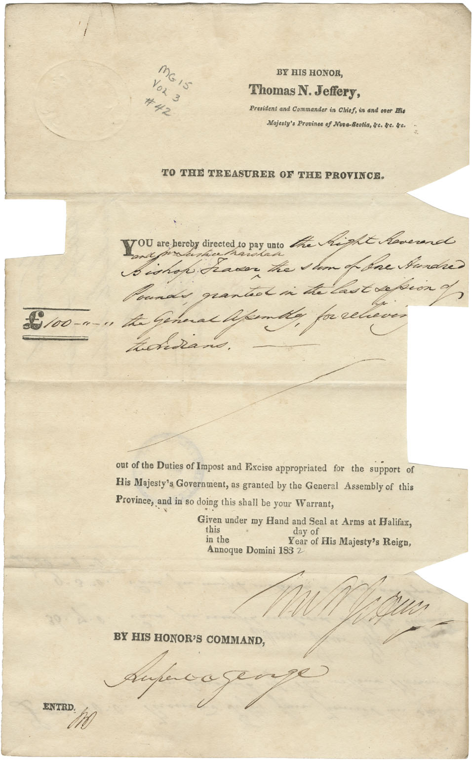 Warrants and receipts for payment for Indian relief to Bishop Fraser (£100), John McGown of Sydney (£9-3-0) and William Allan (£36-7-0) from Rupert George.