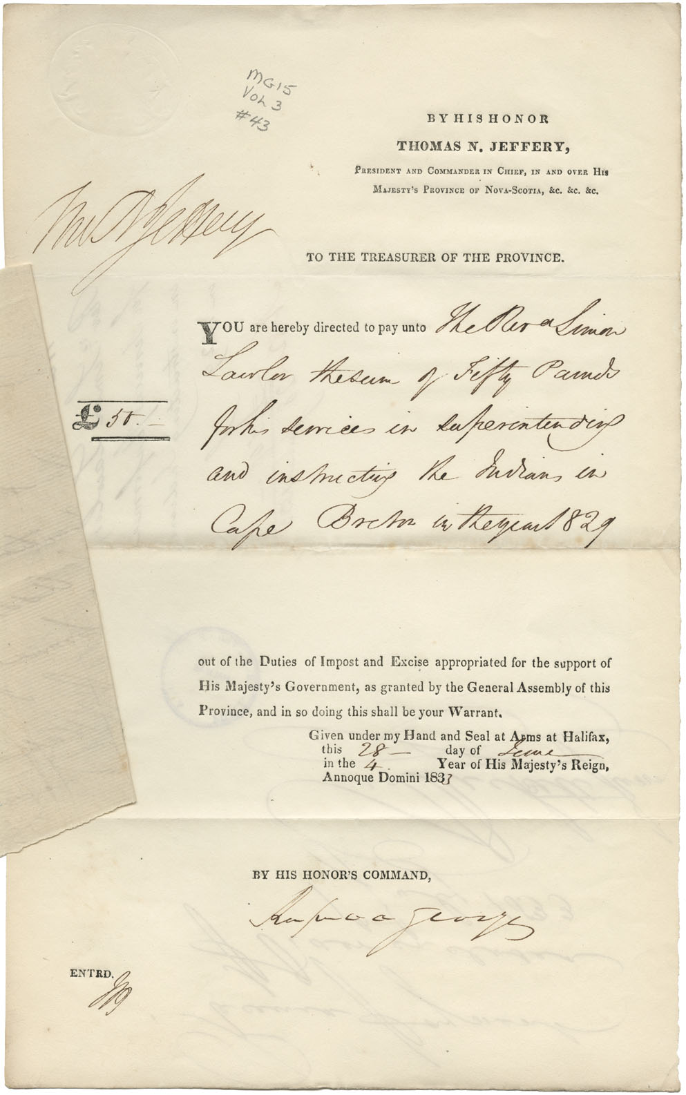 Order from Thomas Jeffrey to pay Rev. Simon Lawler £50 for superintending and instructing Mi'kmaq in Cape Breton in 1829.