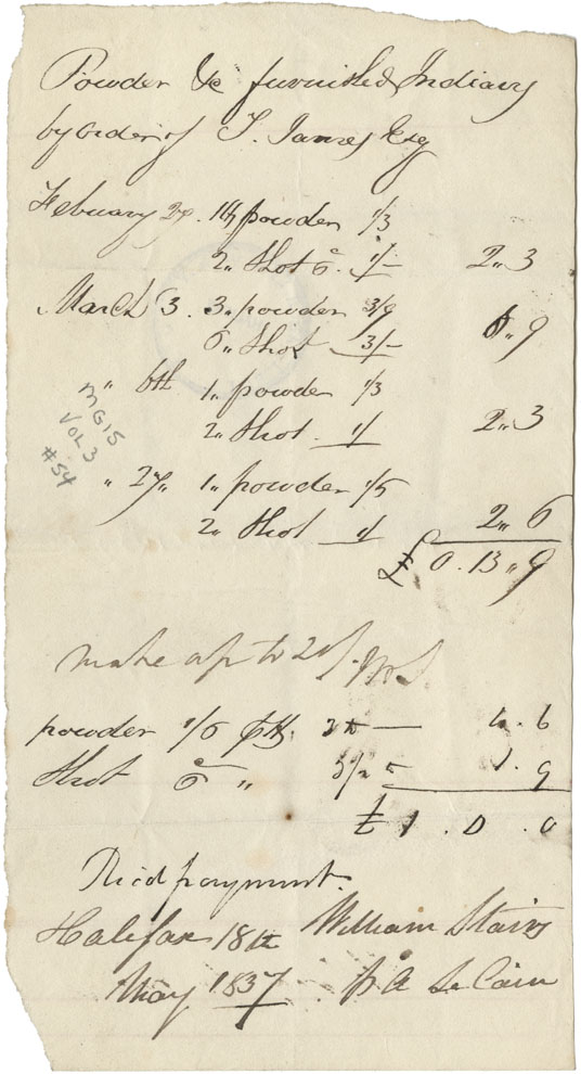 Receipt from William Stairs and B. Le Cain for powder provided to the Mi'kmaq. 