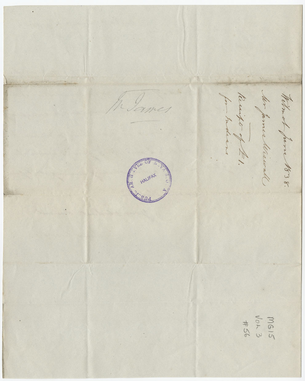 Receipt of £1-0-0 for Mi'kmaq by James Wiswell of Wilmot. 