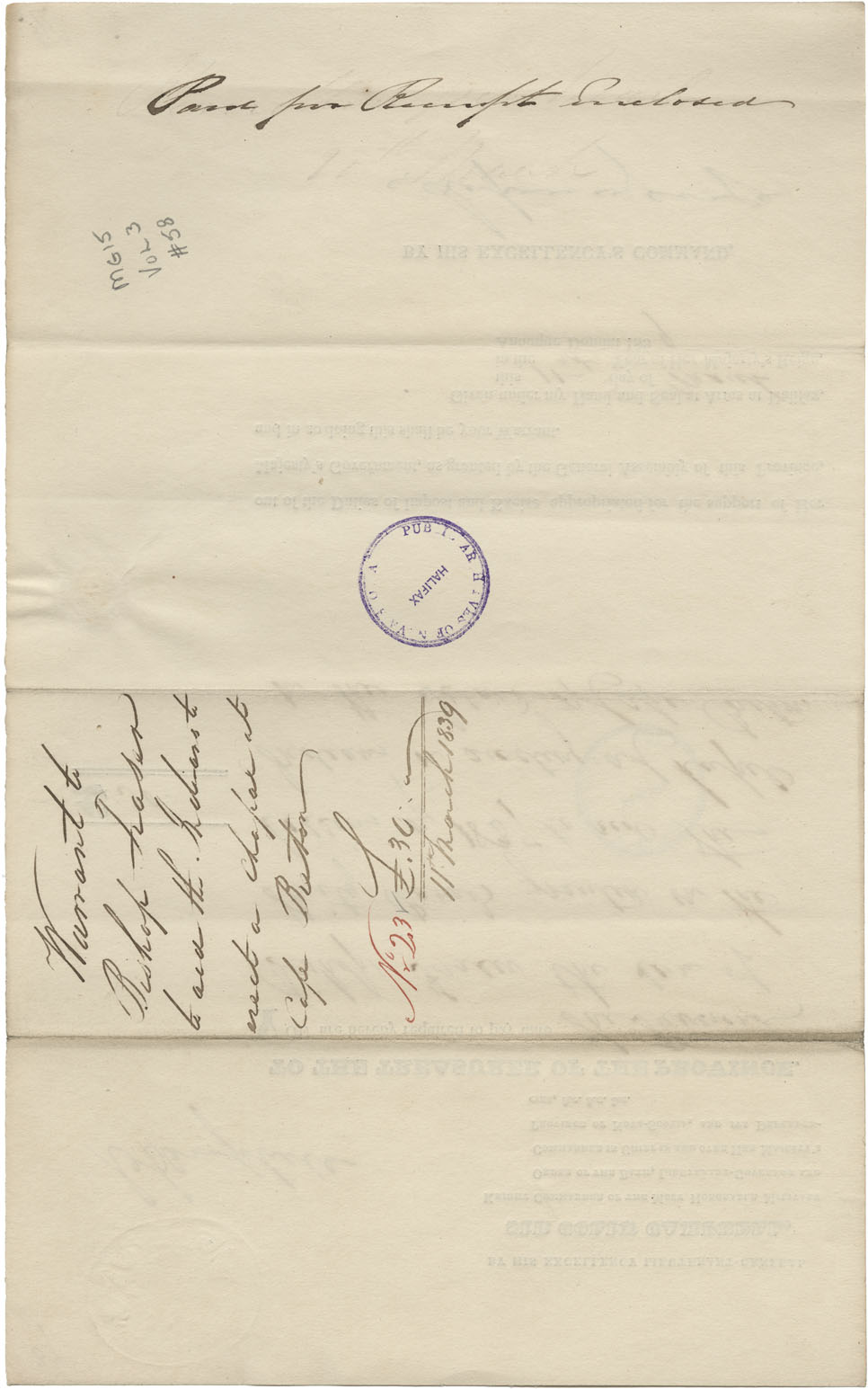 Warrant from Sir Colin Campbell to Bishop Fraser for £30-0-0 to aid the Mi'kmaq in erectig a chapel at Cape Breton. Receipt. 