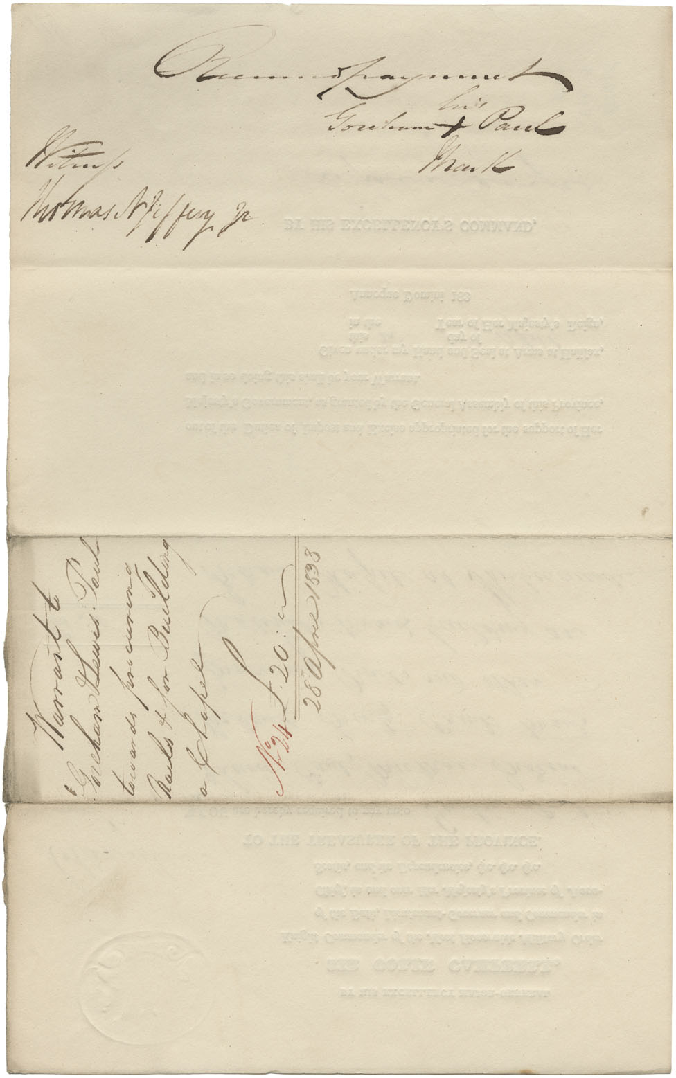 Warrant from Sir Colin Campbell to Graham Paul for £20-0-0 for building a chapel at Shubenacadie. 