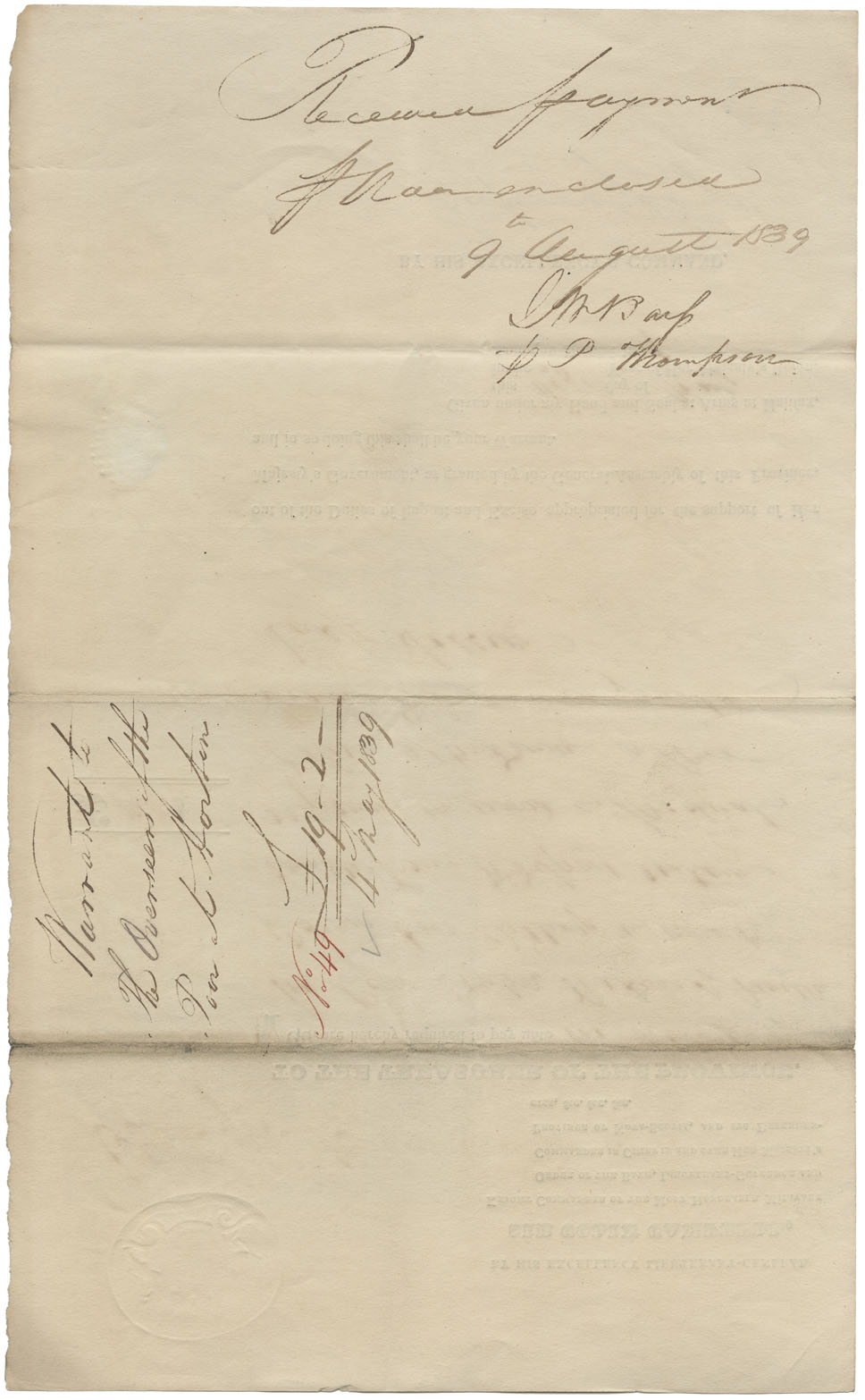 Warrant to William Taylor, et. al., Overseers of the Poor, at Horton, from Sir Colin Campbell, for £19-2-0 for medical attendance to Mi'kmaq. 