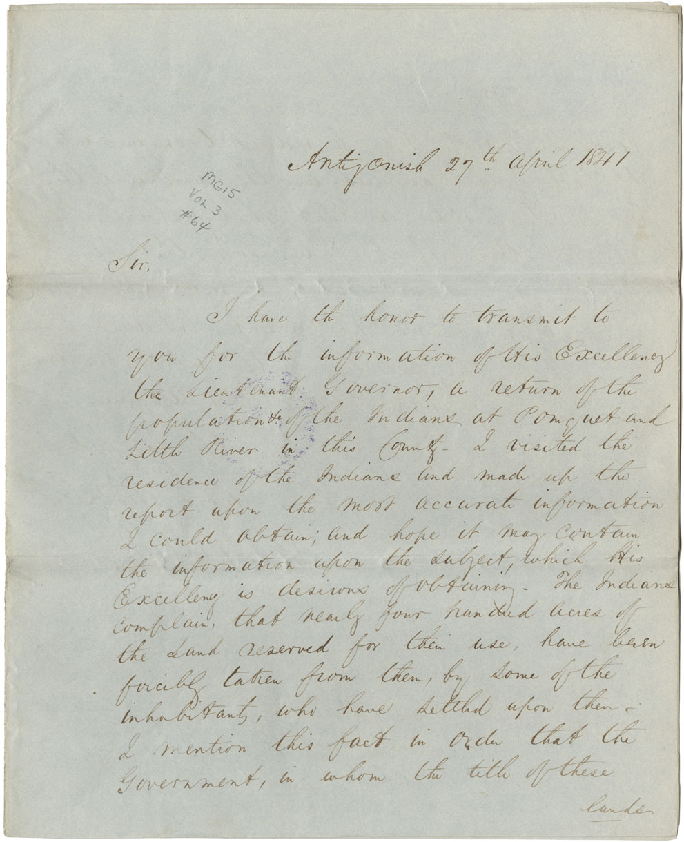 Letter from W. Henry to Rupert George reporting on population of the Mi'kmaq in the county of Sydney, with a petition to W.M. Dodd for help from the Eskasoni Mi'kmaq and a list and number of inhabitants. 