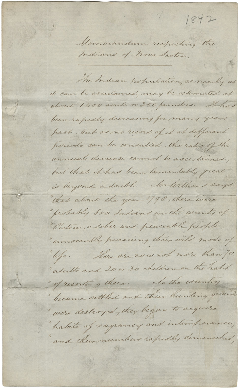 Appendix 6, Legislative Council Journal for 1842. Memorandum respecting the Mi'kmaq of Nova Scotia read 14 July 1842.