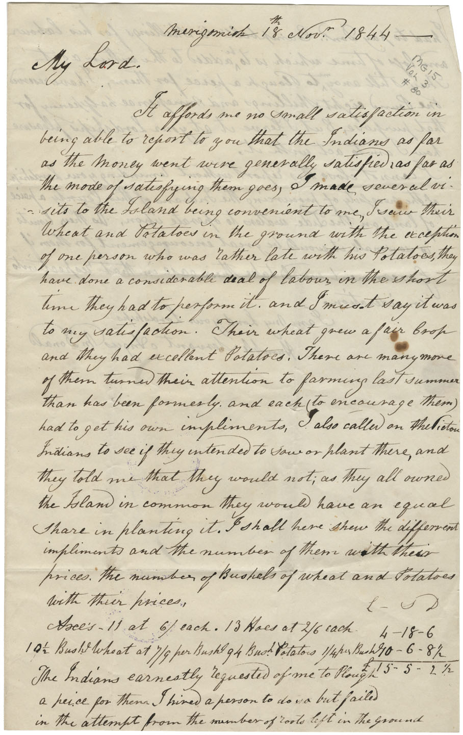 Letter from Angus MacDonald to Rt. Rev. Dr. Fraser, Bishop of Halifax, reporting on success of Indian farming in Cape Breton. 
