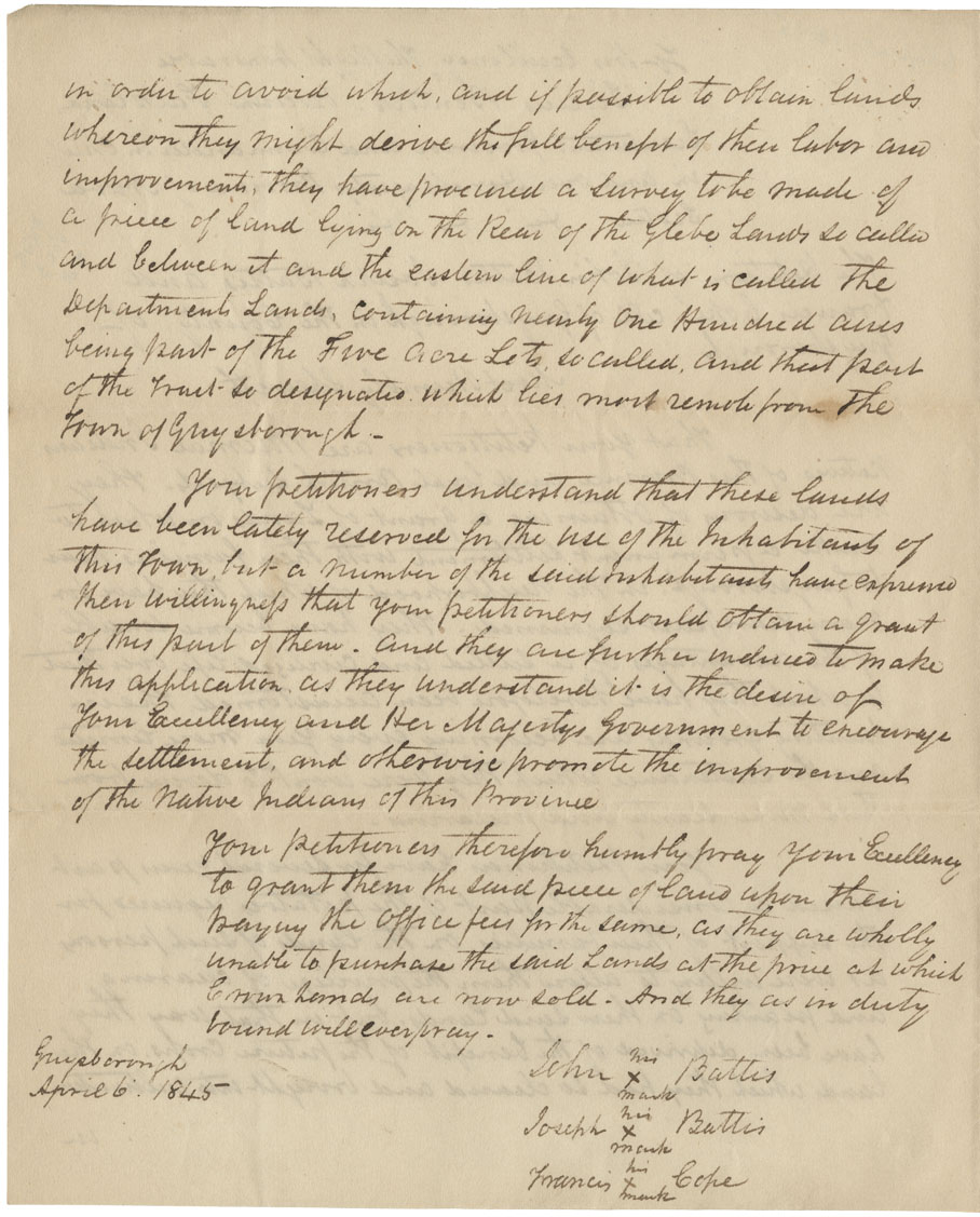 Petition to Lord Falkland from Joseph Battis, John Battis and Francis Cope for a piece of land adjoining the town at Guysborough. 