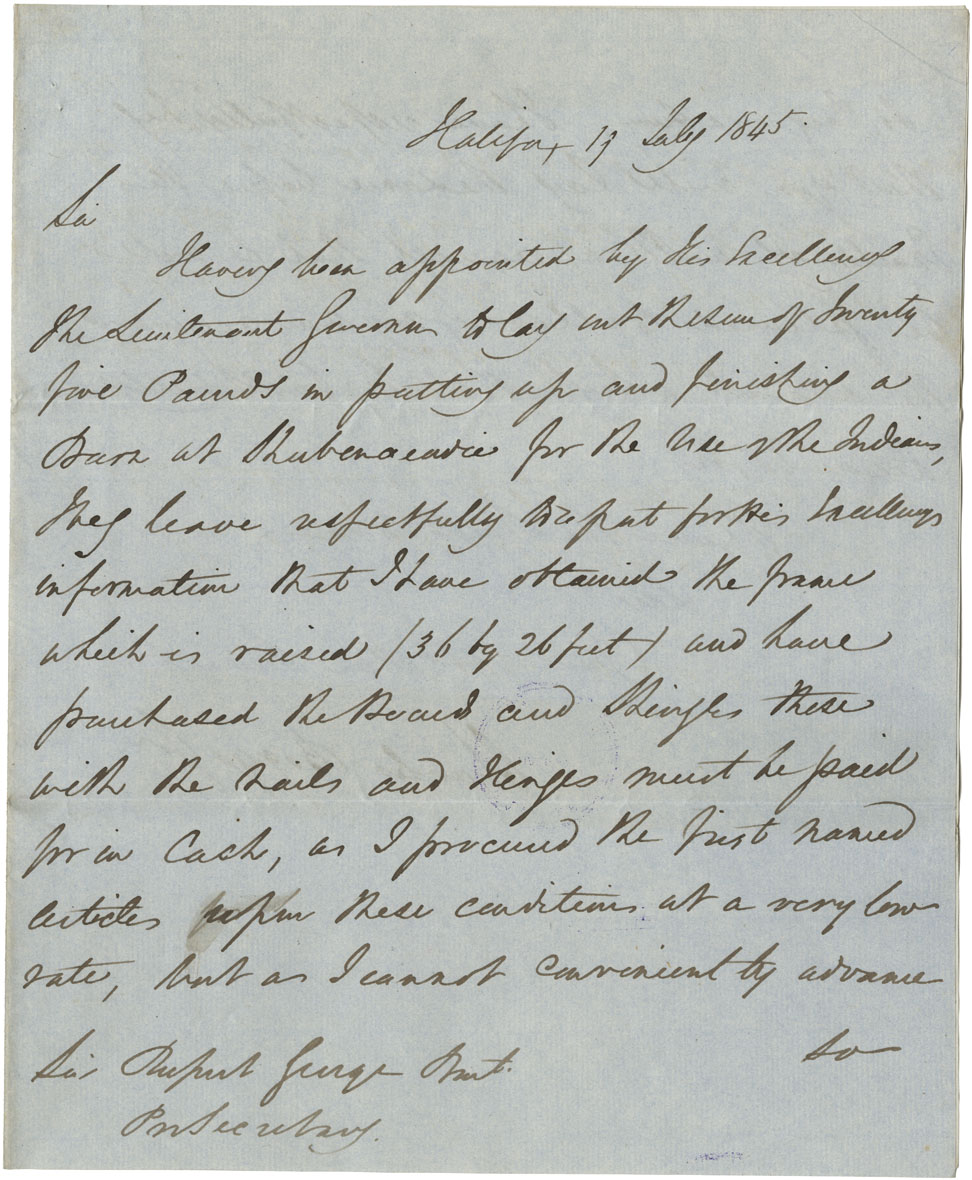 Petition of Charles Boggs, Shubenacadie, requesting that the £25-0-0 that he is to expend for the building of a barn for the Mi'kmaq, may now be sent to him. Related correspondence. 