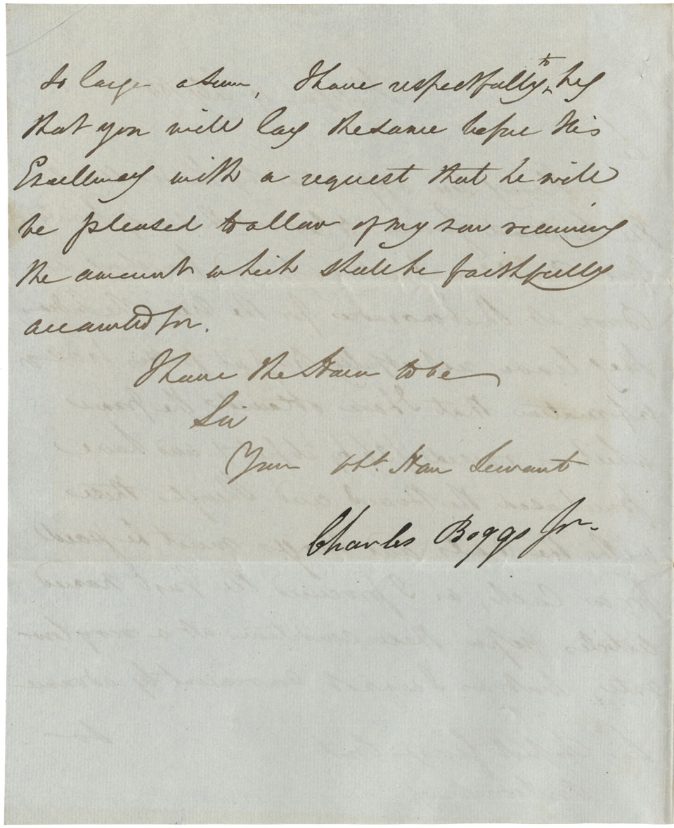 Petition of Charles Boggs, Shubenacadie, requesting that the £25-0-0 that he is to expend for the building of a barn for the Mi'kmaq, may now be sent to him. Related correspondence. 