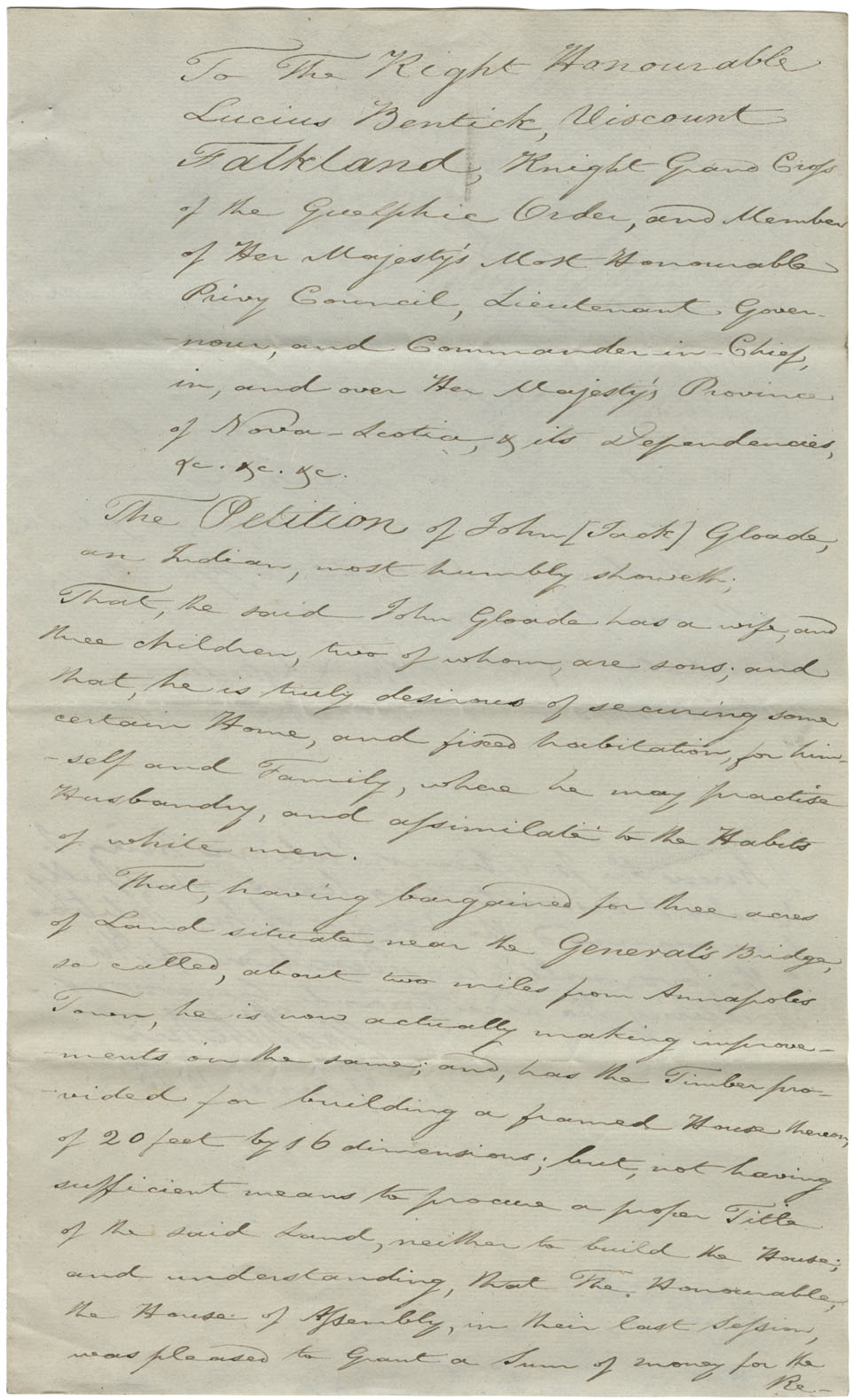 John Gloade's petition to the Lieutenant-Governor for land near Annapolis. 