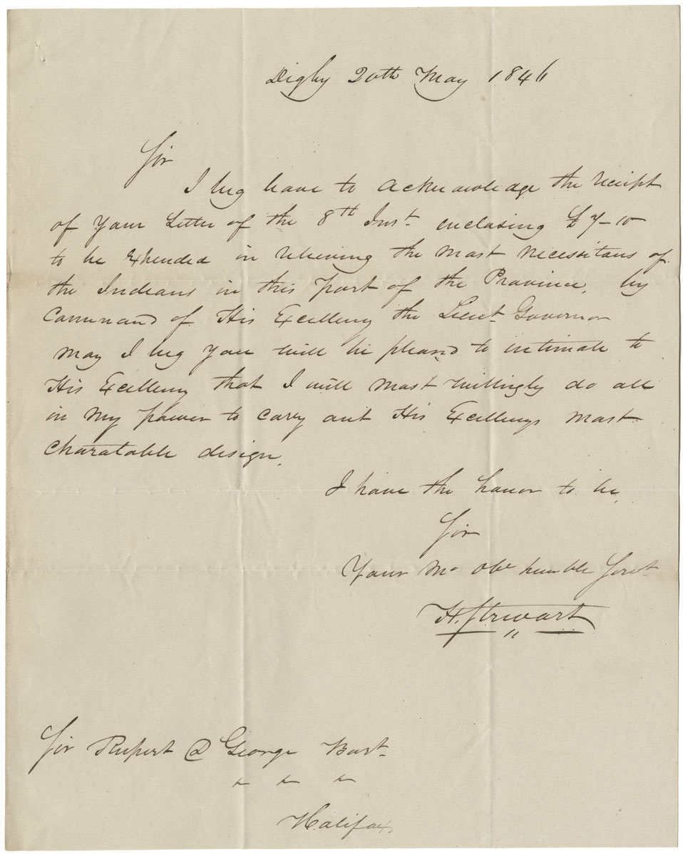 Letter from A. Stewart acknowledging receipt of £7-10-0 for relief of Digby Mi'kmaq.
