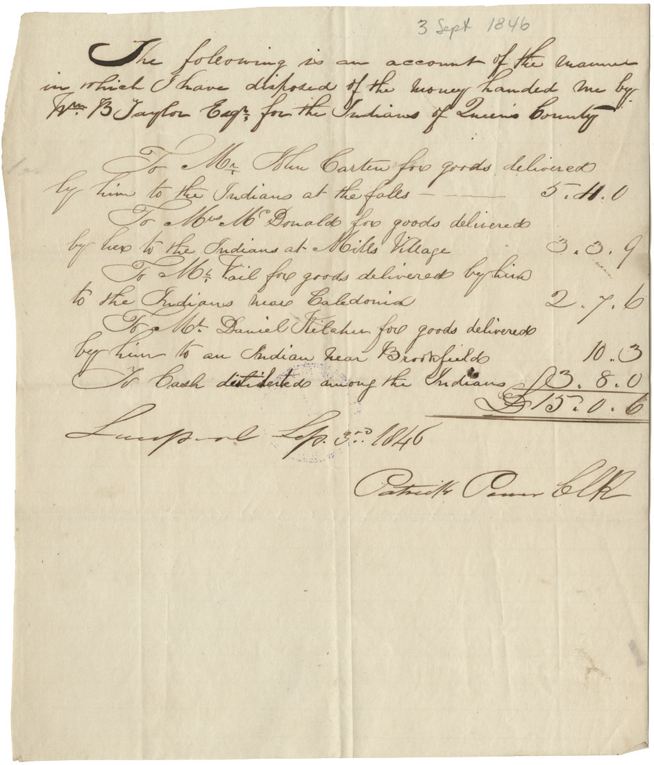 Accounts of W.B. Taylor and Patrick Power for money spent on assistance to Mi'kmaq. 