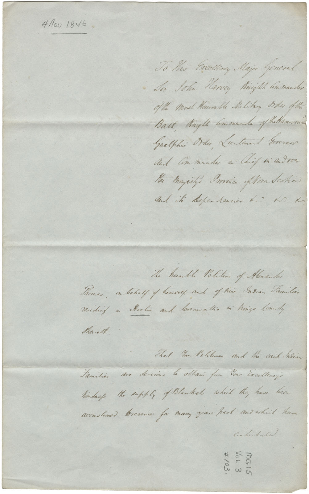 Petition of Alexander Thomas on behalf of himself and Mi'kmaq residing at Horton and Cornwallis, for blankets and food, with supporting statement from Charles Harris of Horton and Thomas A.S. De Wolf. 