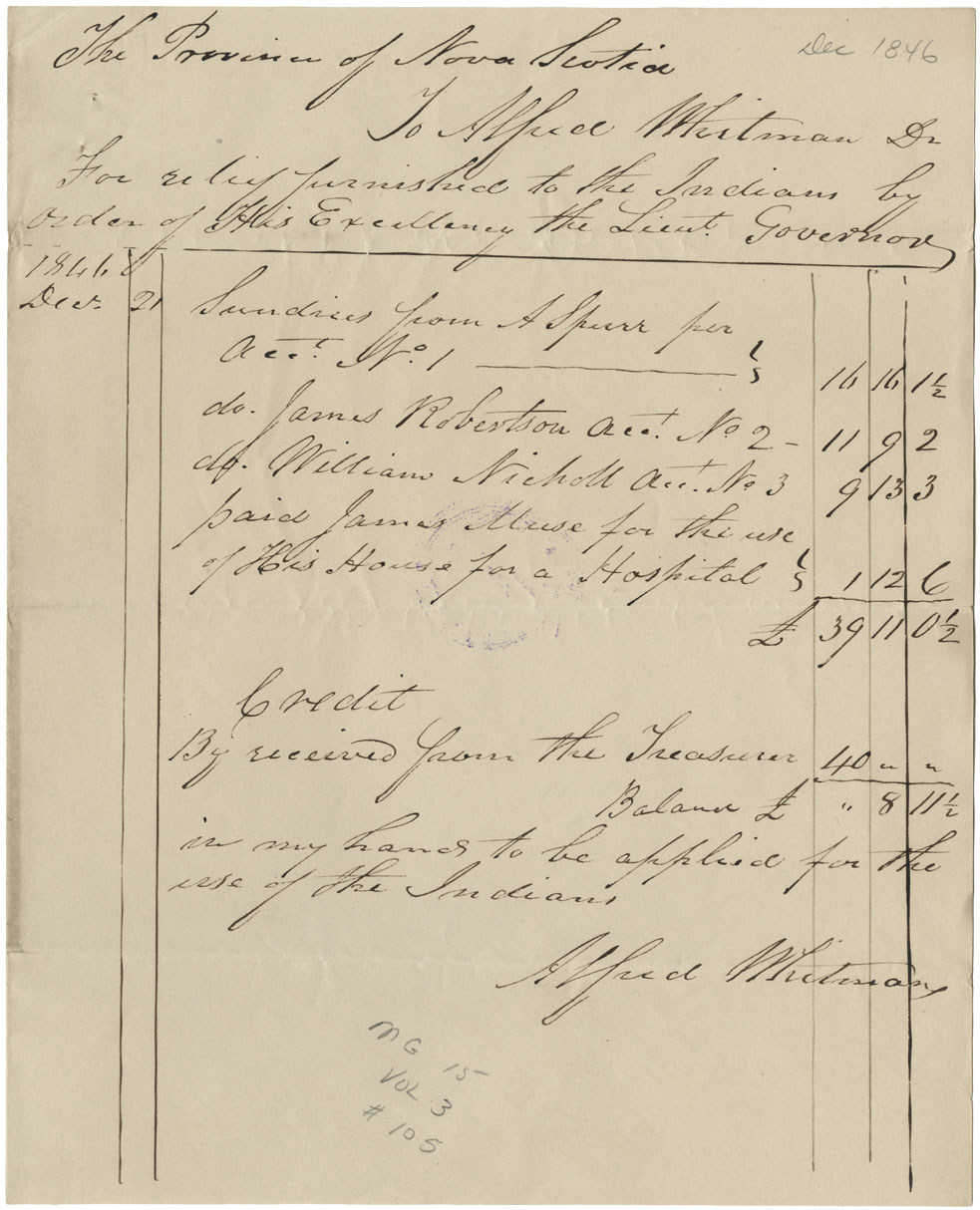 Bills and receipts of Dr. W.L. Bent for supplies for sick Bear River Mi'kmaq and list of supplies to individual Mi'kmaq bought by Alfred Whitman, with a letter from him to the Lieutenant-Governor thanking him for the donation. 