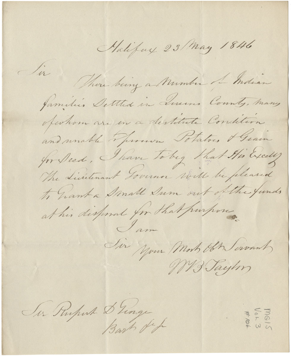 Letter from W.B. Taylor to Sir Rupert George requesting a grant for Mi'kmaq in Queens County. 
