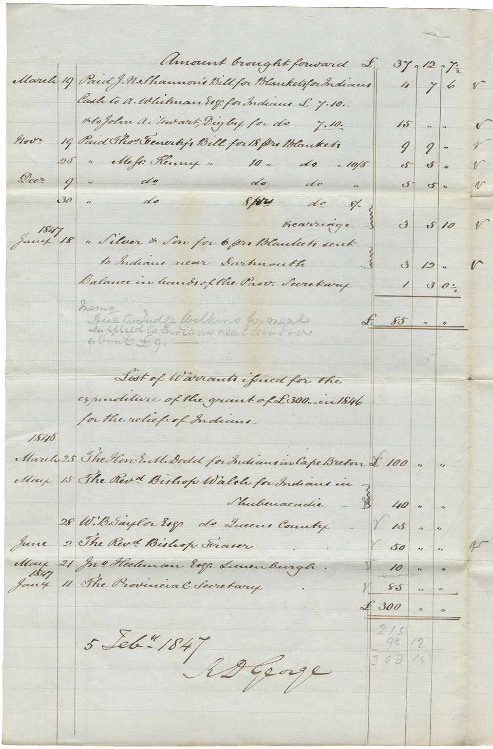 Receipts and bills of the Provincial Secretary for Indian relief with his report on expenditures for 1846.