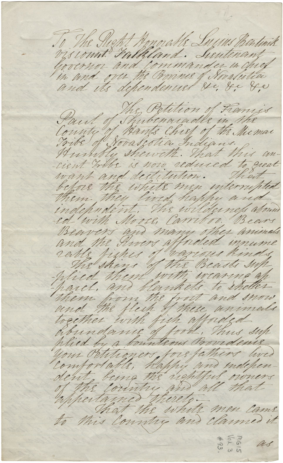 Petition of Francis Paul, Mi'kmaq Chief of Shubenacadie, for more assistance. 