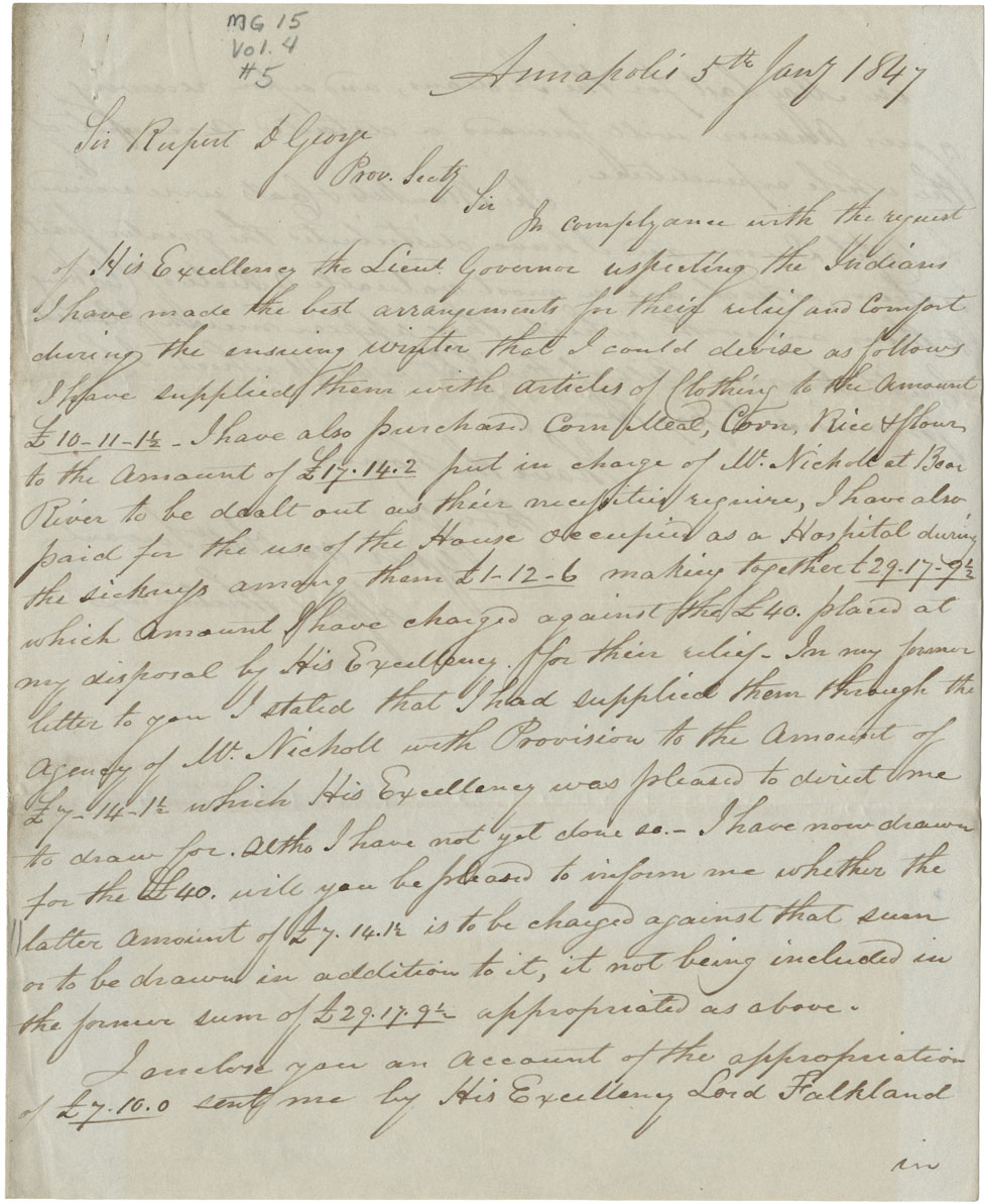 Letters to Sir Rupert George, Provincial Secretary, concerning expenditures and arrangements for Mi'kmaq relief - Annapolis District.