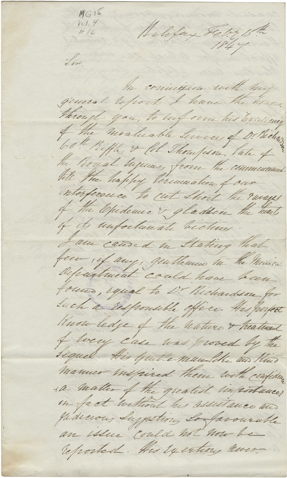 Report to Sir Rupert George concerning important services rendered by Dr. Richardson and Col. Thompson the the sick Mi'kmaq near Dartmouth.