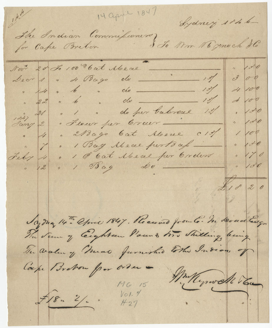 Accounts of meals issued to Mi'kmaq in Cape Breton.