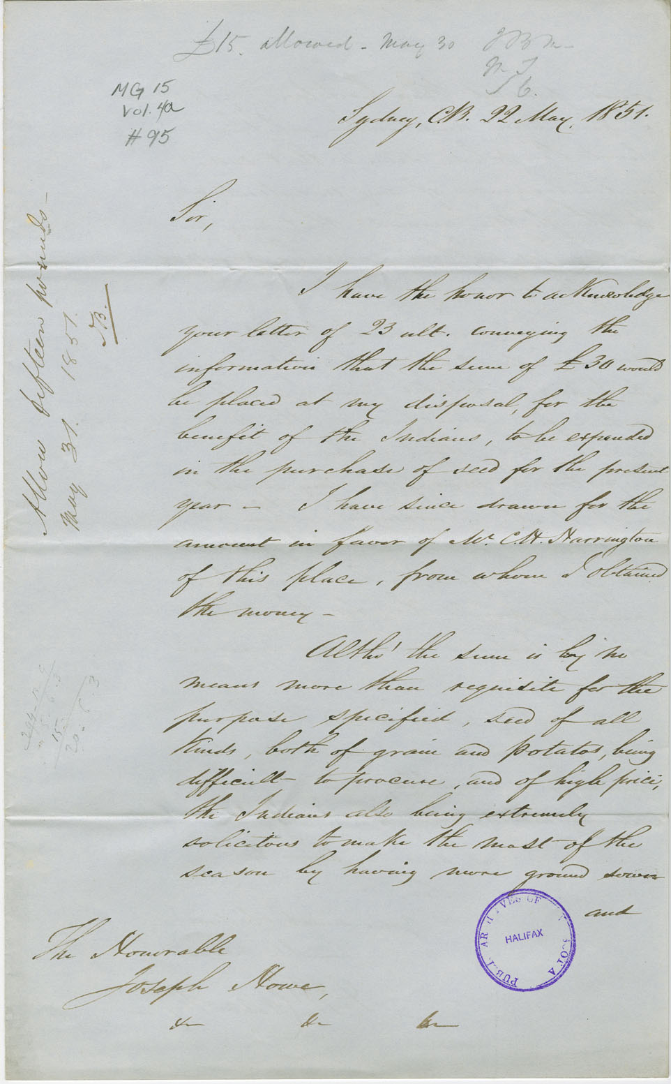 Letter asking instructions concerning dispersal of funds among Mi'kmaq in Cape Breton.