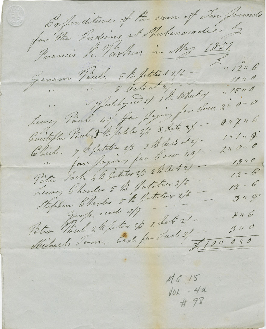 Account of expenditure of £10 on Mi'kmaq at Shubenacadie.