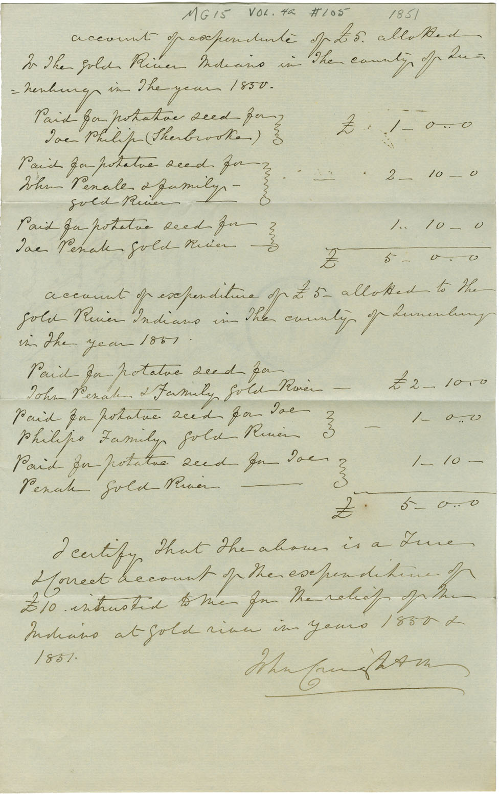 Account of expenditure of £5 allotted to Mi'kmaq at Gold River, near Lunenburg (particularly seed potatoes).