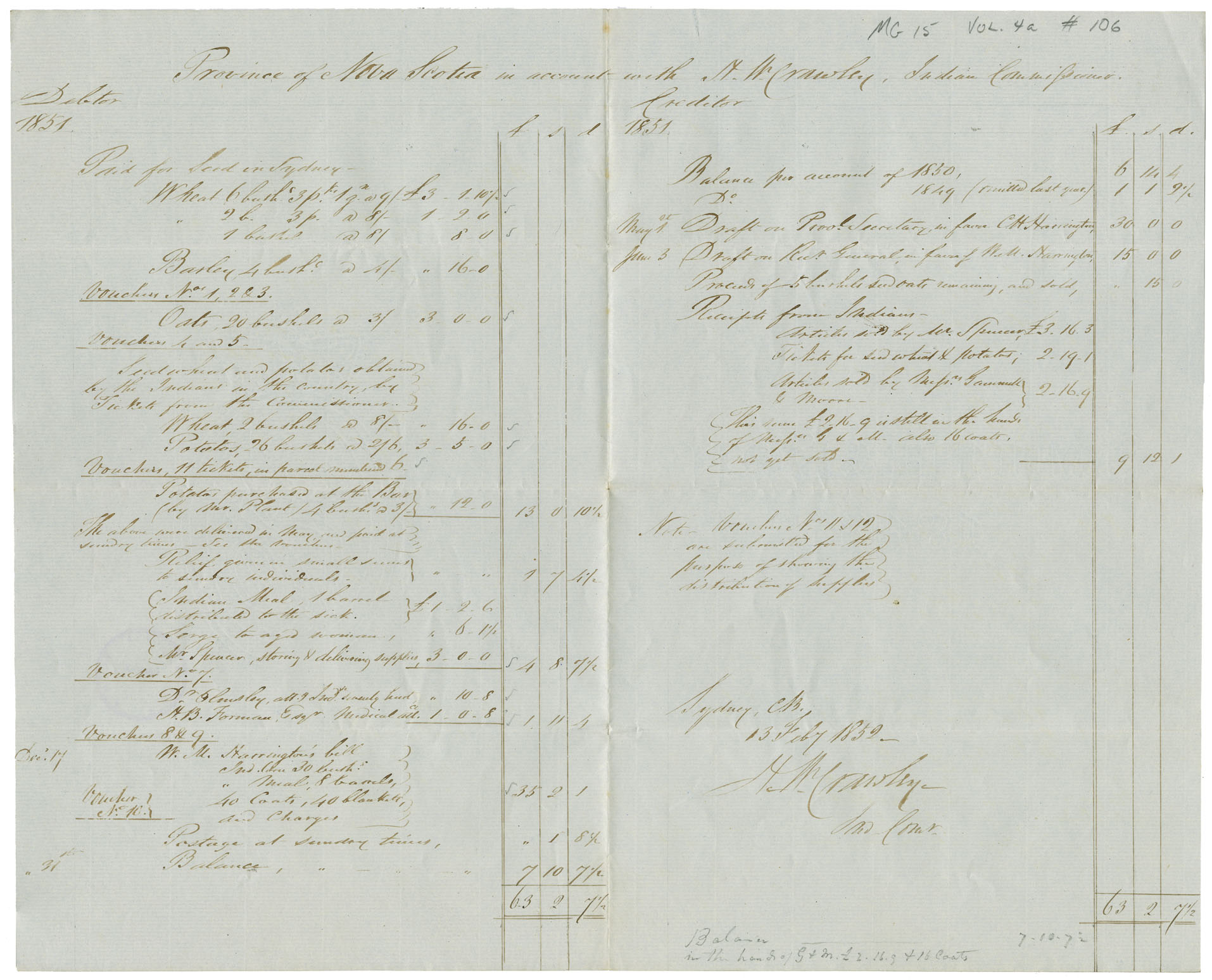 Account of receipts and expenditures on Nova Scotia Mi'kmaq for year 1851.
