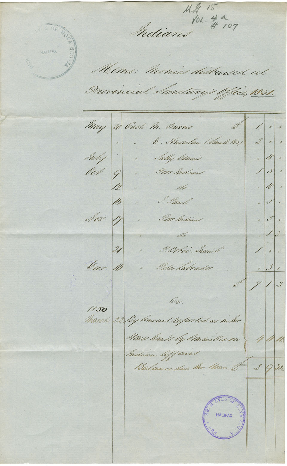 Disbursement of money by Commission of Indian Affairs for 1851.