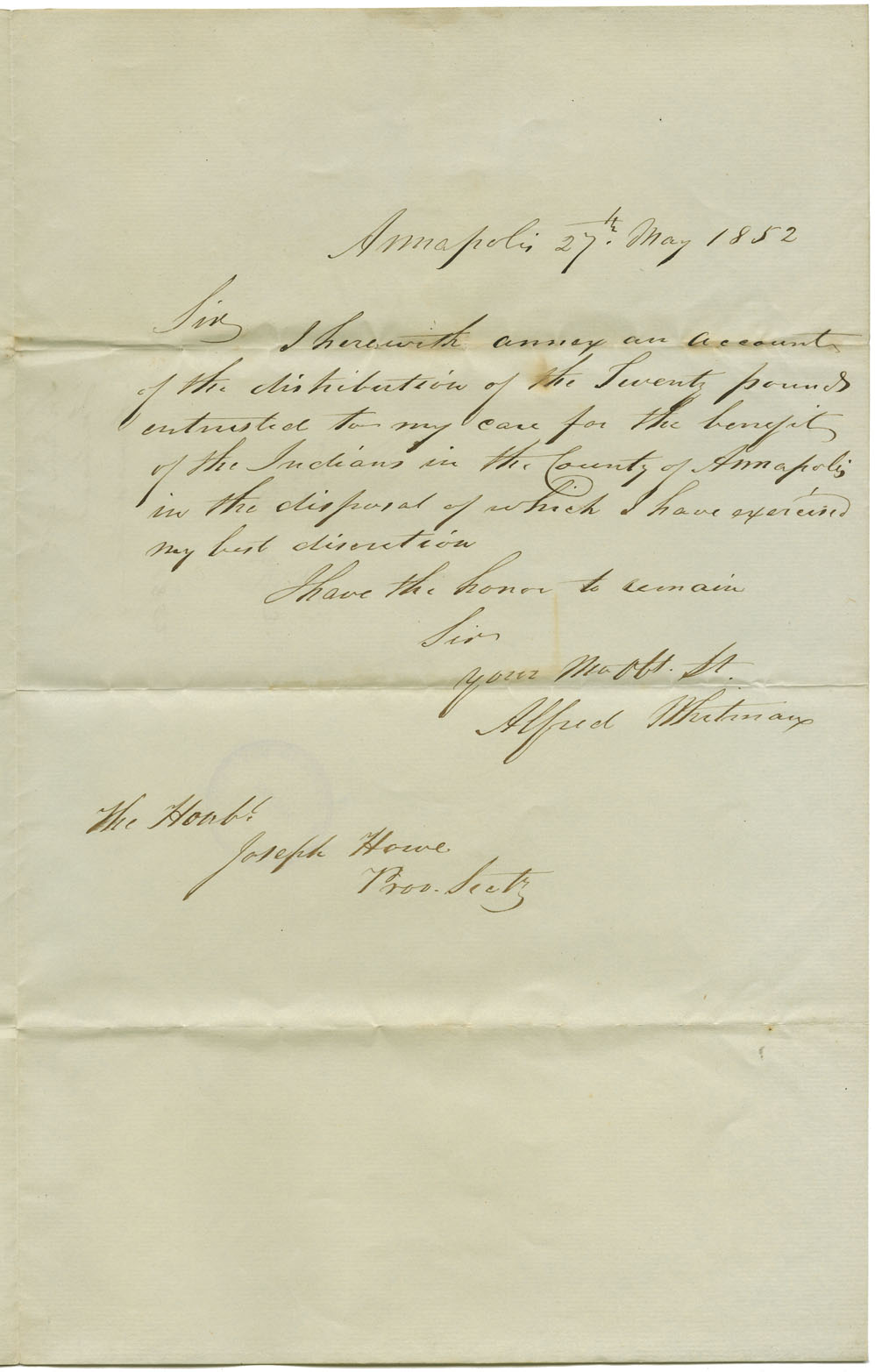 Account of the distribution of £20-0-0 by the Legislature in aid of Mi'kmaq of Annapolis.