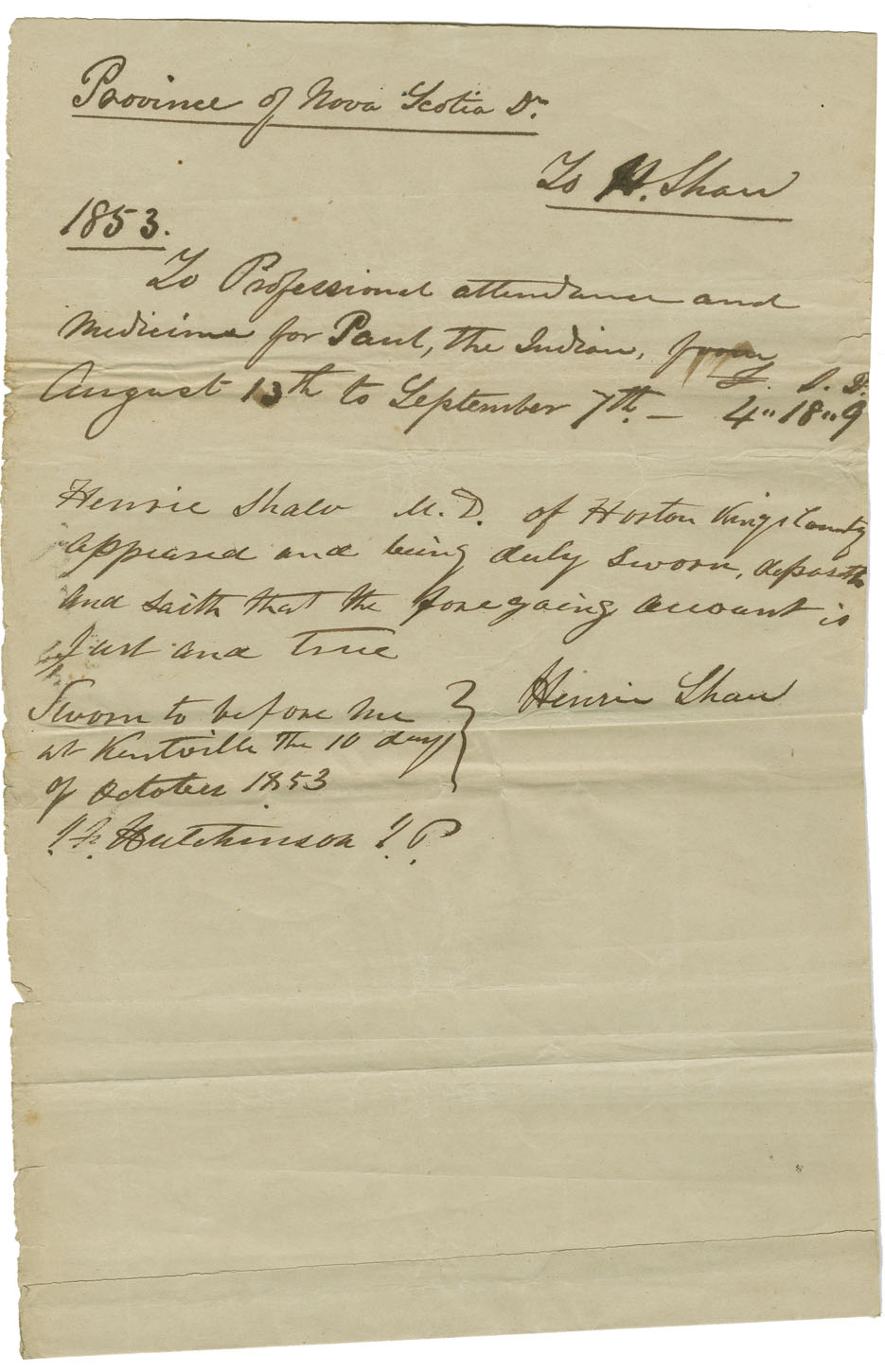 Account of Dr. Shaw for attending Mi'kmaq near Horton.