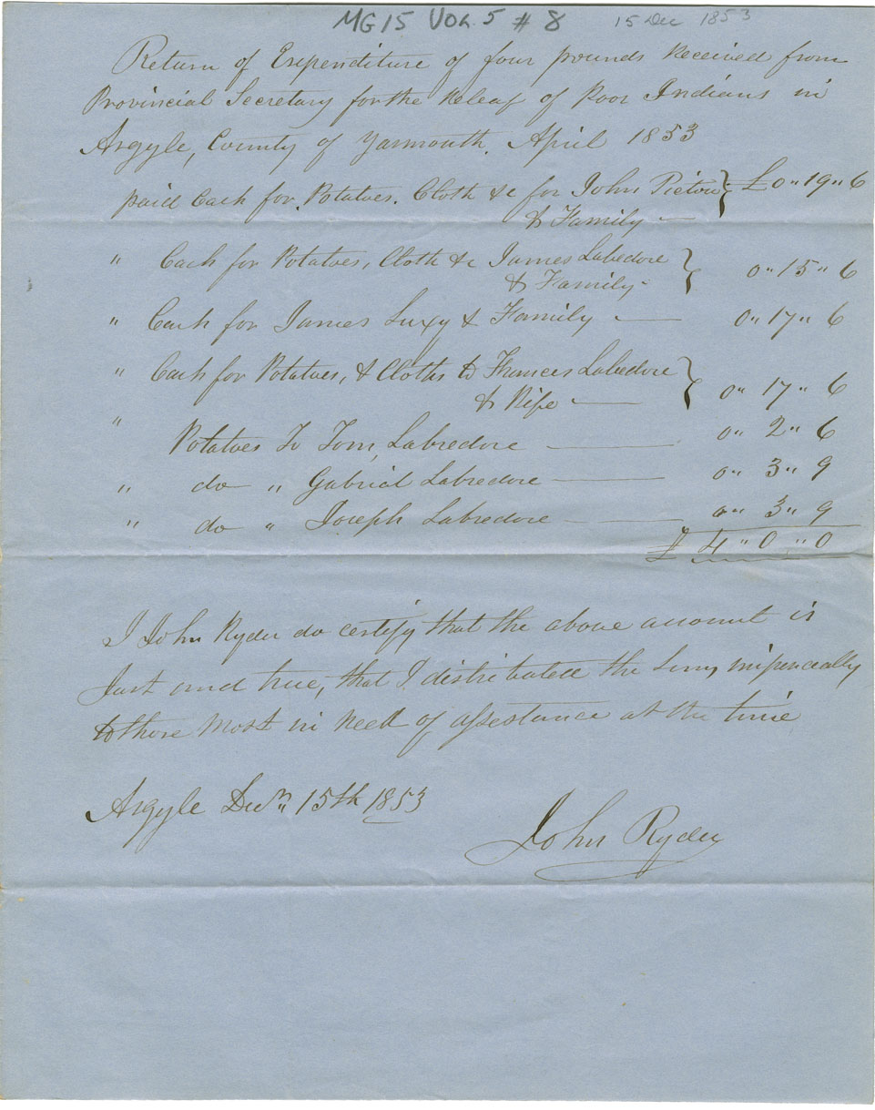 Return of expenditure of £4-0-0 for relief of Mi'kmaq at Argyle.