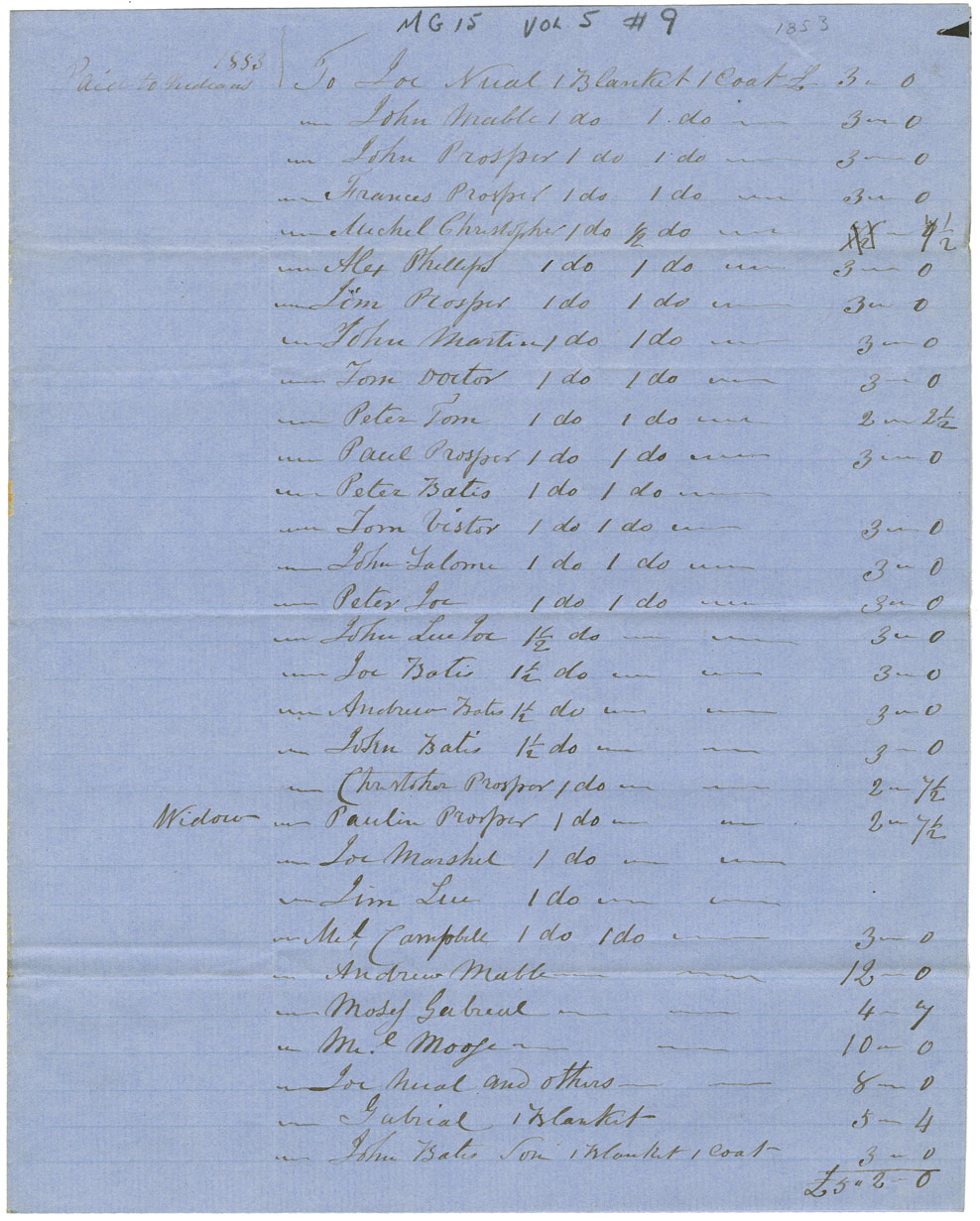 Full account of monies paid to Mi'kmaq in Sydney County by John McKinnon.