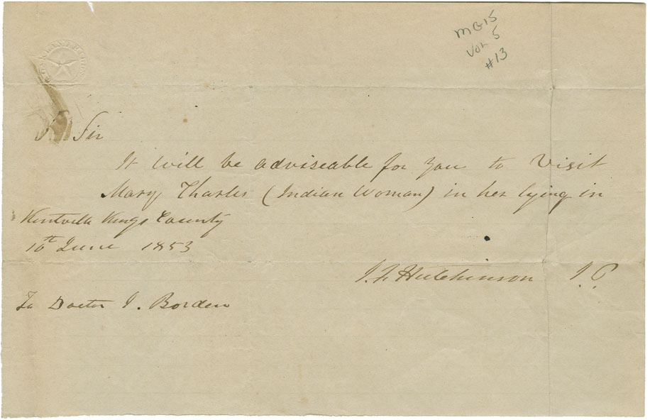 Note to Dr. F. Borden advising him to visit Mary Charles in her lying in at Kentville.