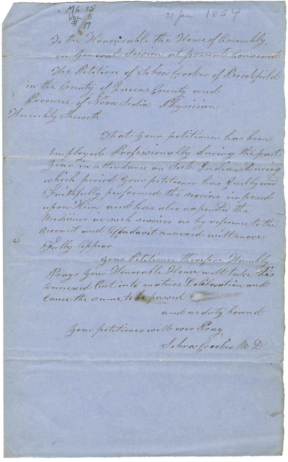 Petition of Dr. Crooker of Brookfield, Queens county, for payments for services to sick Mi'kmaq, with supporting letter from the Overseers of the Poor for the county.