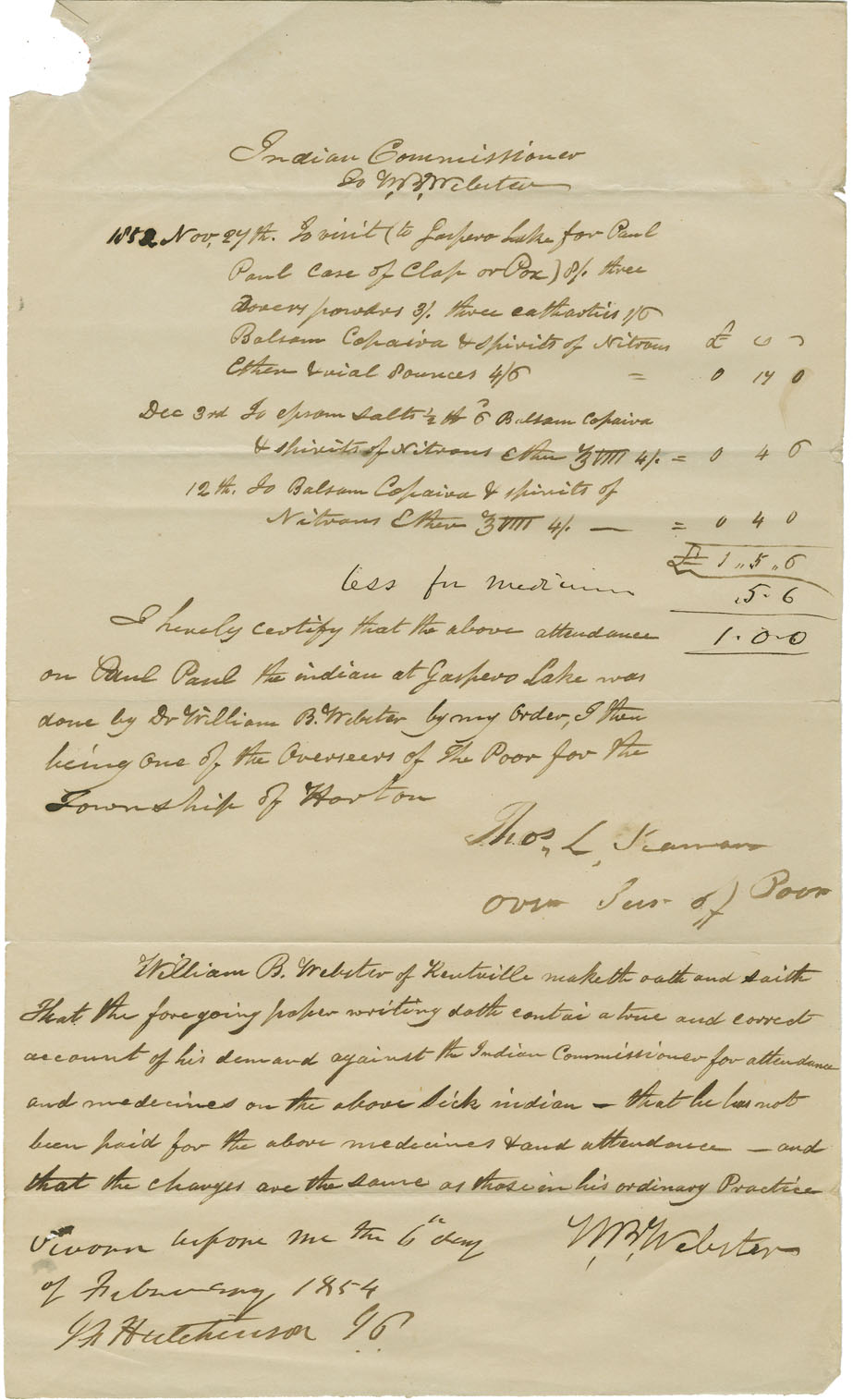 Petition of Dr. Webster for payment for medical services to Paul Paul and his son of Gaspereaux Lake.