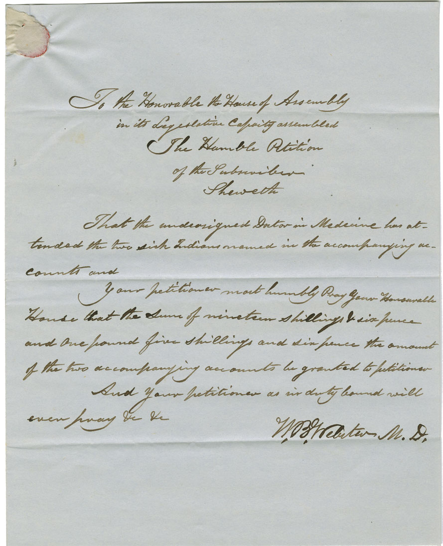 Petition of Dr. Webster for payment for medical services to Paul Paul and his son of Gaspereaux Lake.