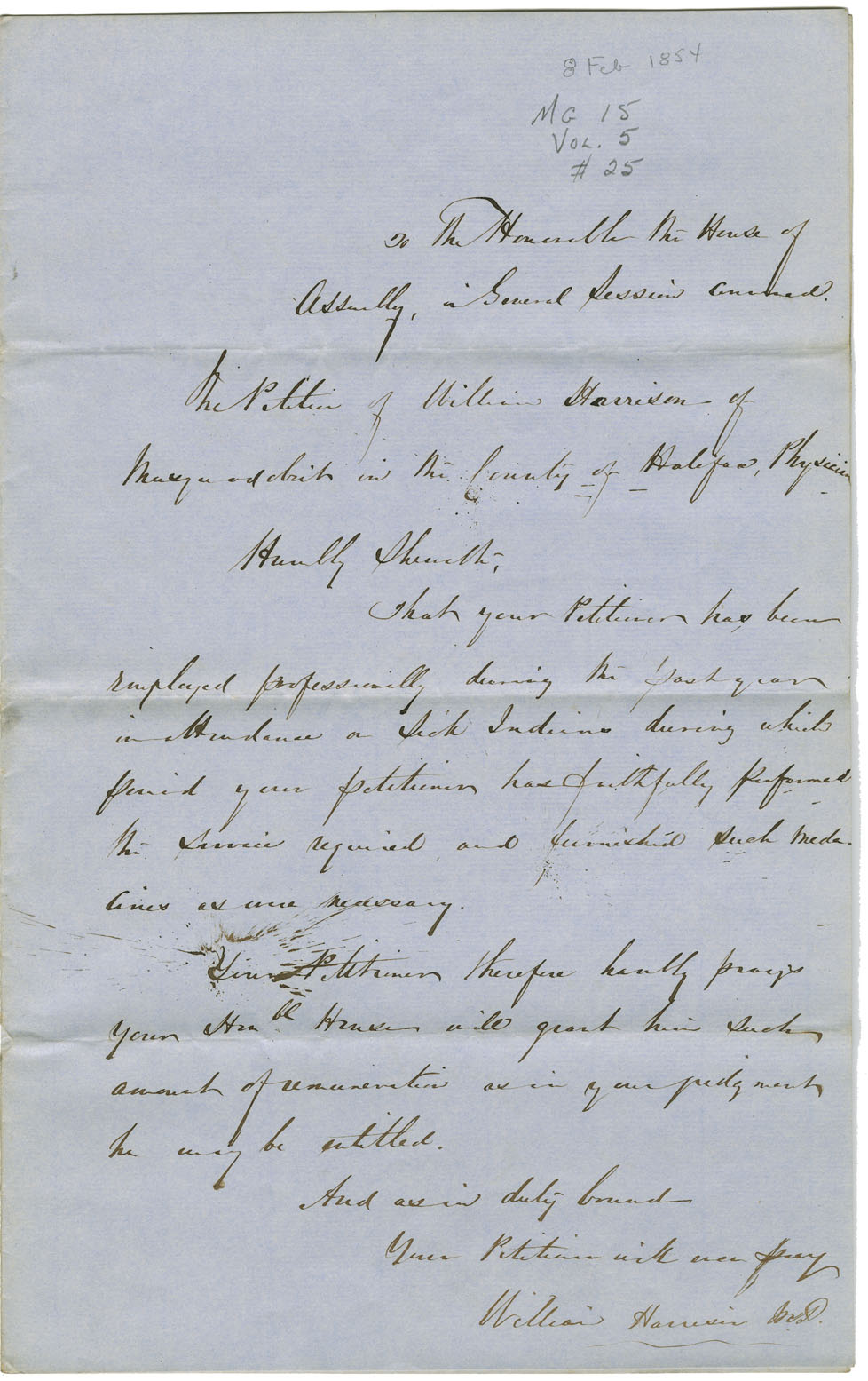 Petition of Dr. Harrison of Musquodoboit for payment for services to Mi'kmaq, and a letter from Overseers of the Poor confirming their sanction of his activities.