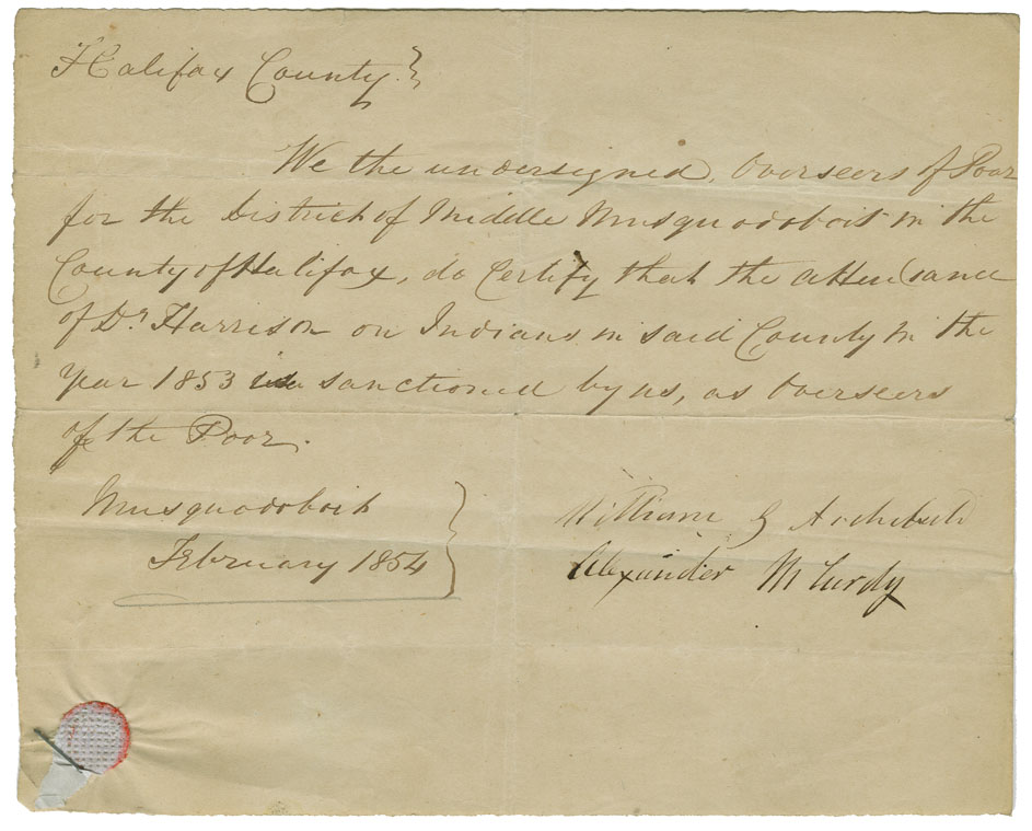 Petition of Dr. Harrison of Musquodoboit for payment for services to Mi'kmaq, and a letter from Overseers of the Poor confirming their sanction of his activities.