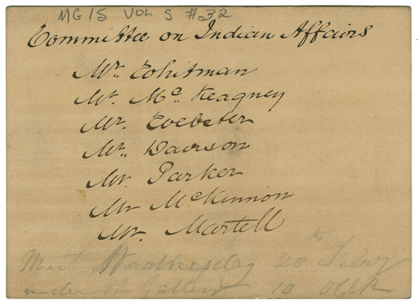 Card with names of members of Committee on Indian Affairs and meeting times listed.