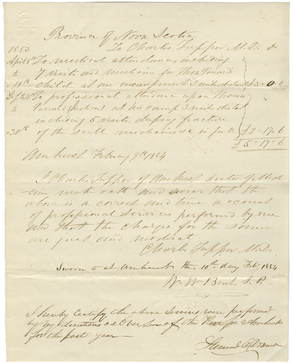 Petitions of Dr. Tupper for payment for treatment to Mi'kmaq near Amherst.