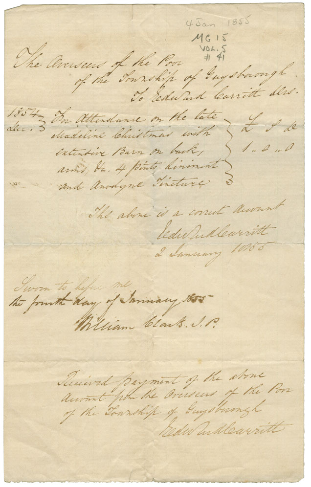 Receipt for payment of £1-0-0 from the Overseer of the Poor by Edward couritt for attendance on the late Madeline Christmas.