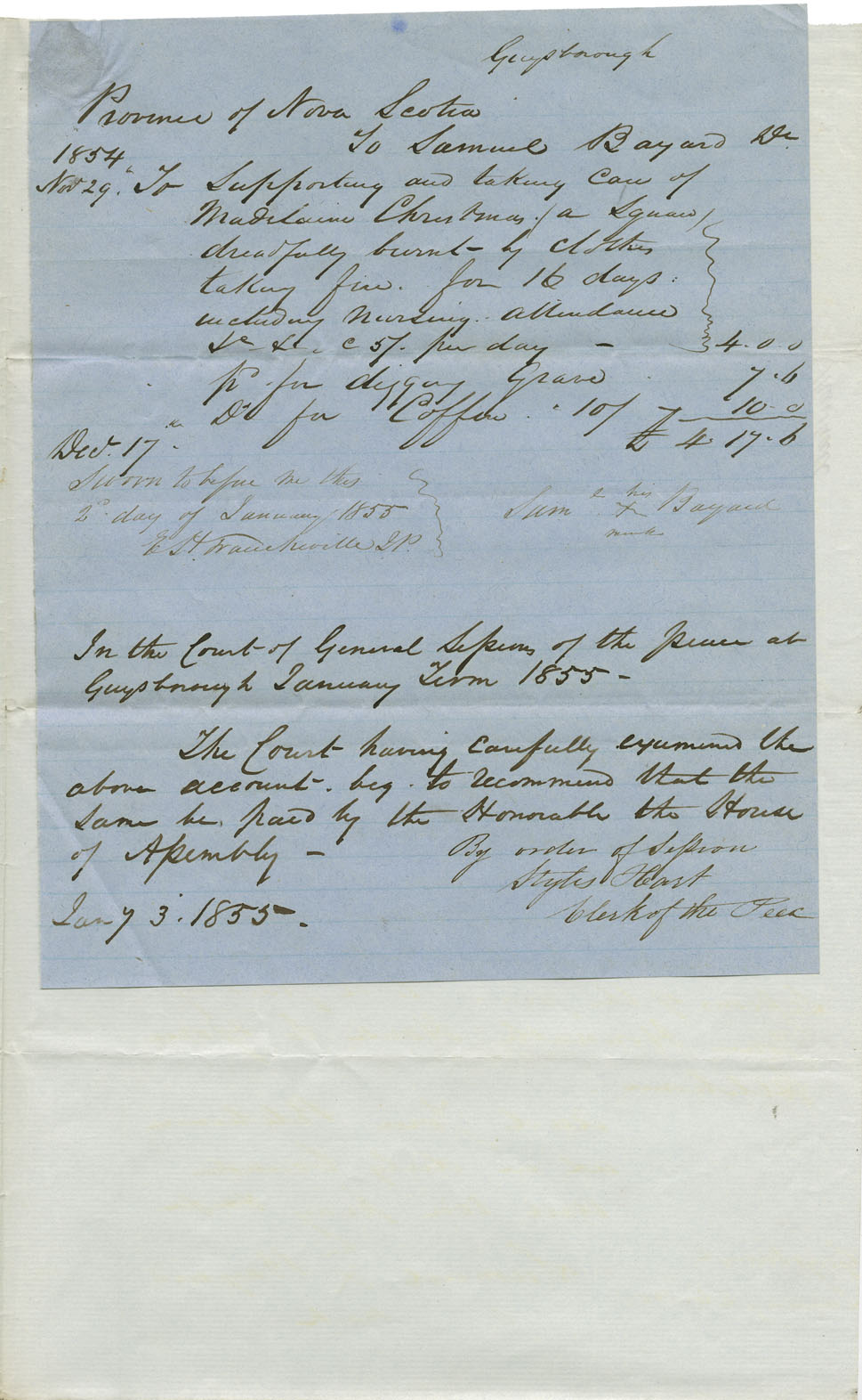 Petition of Samuel Bayard requesting money for care of Madelaine Christmas of Guysborough County, who died of burns.